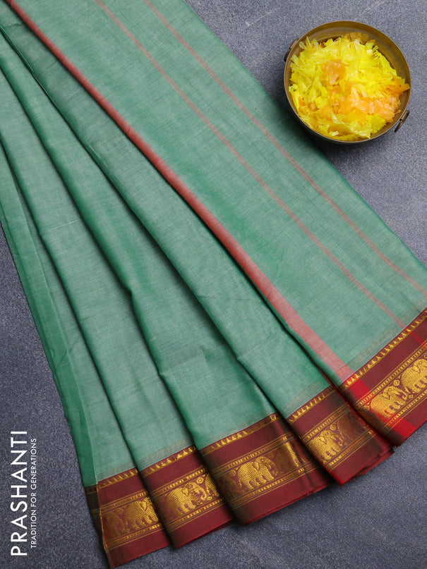Narayanpet cotton saree light green and dual shade of maroon with plain body and elephant zari woven border