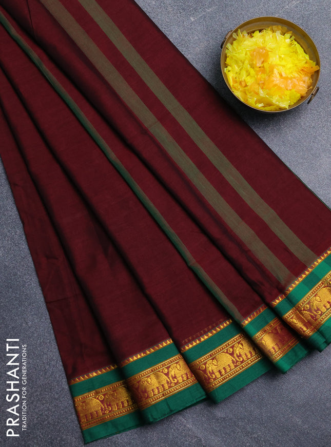 Narayanpet cotton saree deep maroon and green with plain body and elephant zari woven border