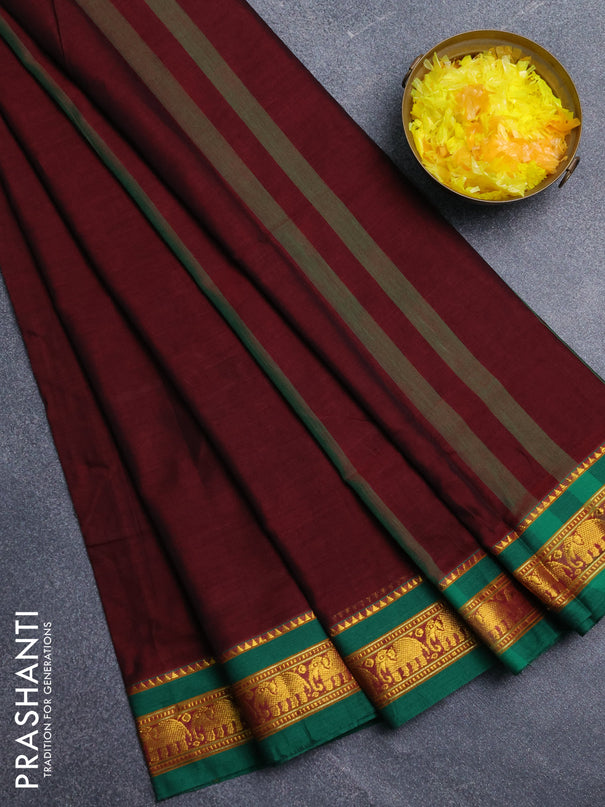 Narayanpet cotton saree deep maroon and green with plain body and elephant zari woven border