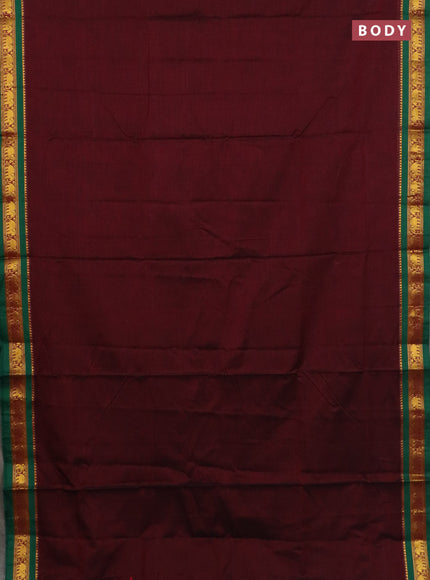 Narayanpet cotton saree deep maroon and green with plain body and elephant zari woven border