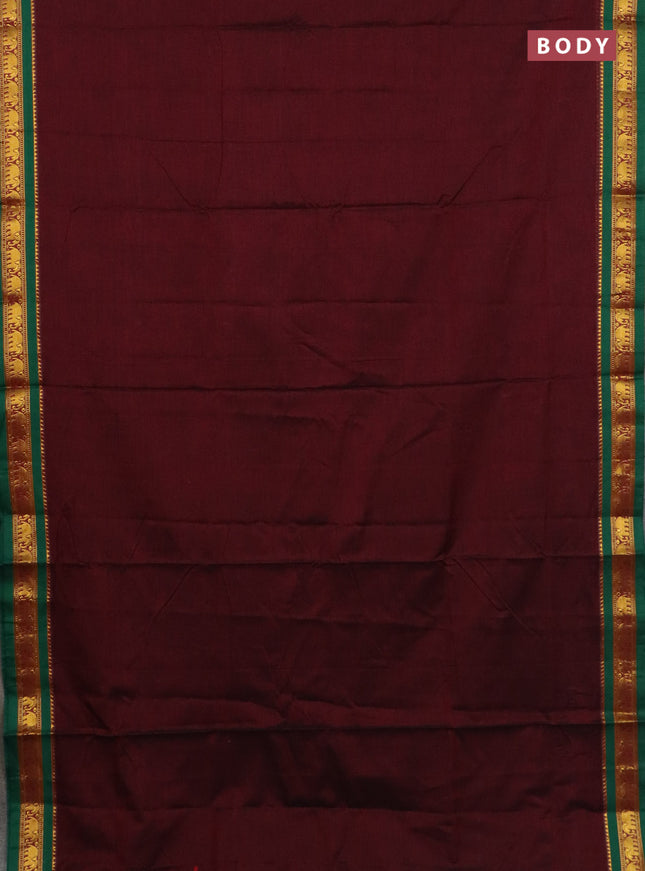 Narayanpet cotton saree deep maroon and green with plain body and elephant zari woven border