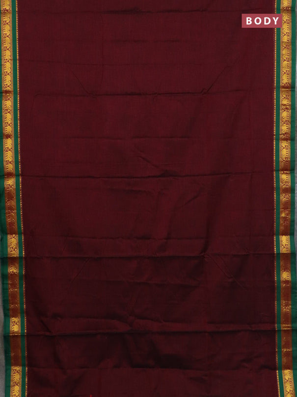 Narayanpet cotton saree deep maroon and green with plain body and elephant zari woven border