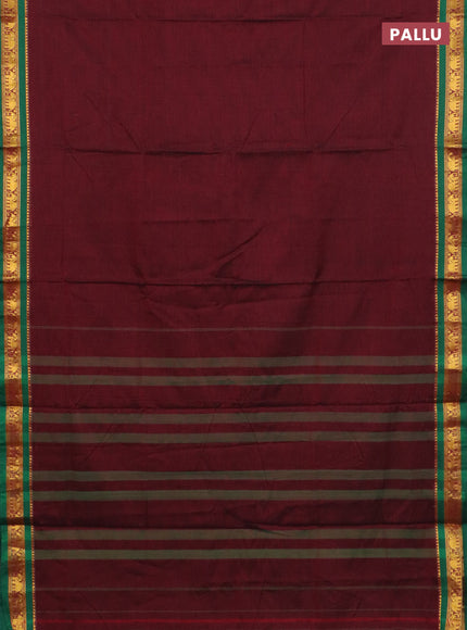 Narayanpet cotton saree deep maroon and green with plain body and elephant zari woven border