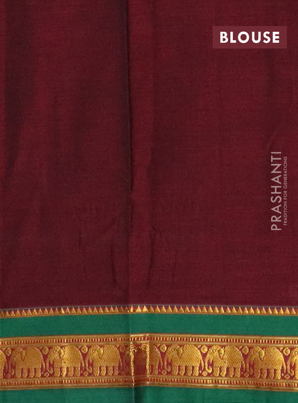 Narayanpet cotton saree deep maroon and green with plain body and elephant zari woven border