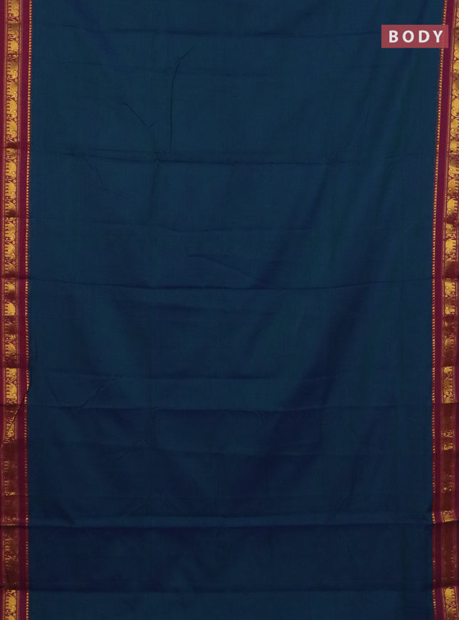 Narayanpet cotton saree dual shade of bluish green and wine shade with plain body and elephant zari woven border