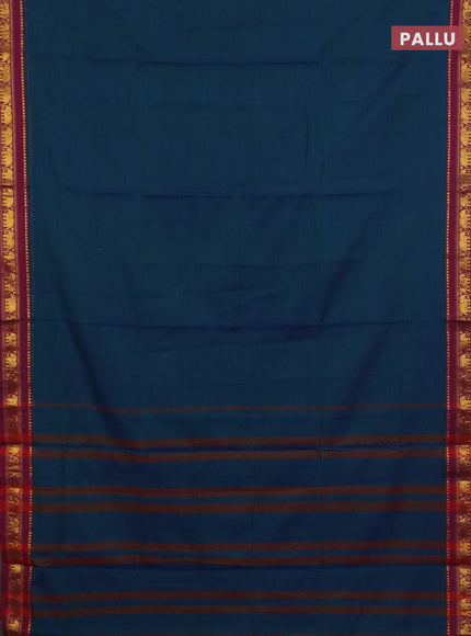 Narayanpet cotton saree dual shade of bluish green and wine shade with plain body and elephant zari woven border