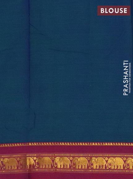 Narayanpet cotton saree dual shade of bluish green and wine shade with plain body and elephant zari woven border
