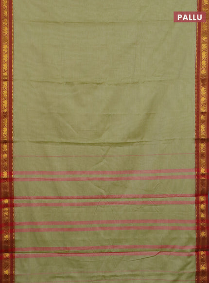 Narayanpet cotton saree pista green and rust shade with plain body and elephant zari woven border
