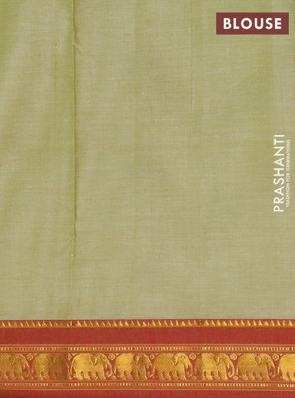 Narayanpet cotton saree pista green and rust shade with plain body and elephant zari woven border