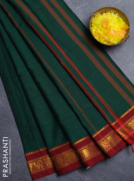 Narayanpet cotton saree bottle green and maroon with plain body and elephant zari woven border