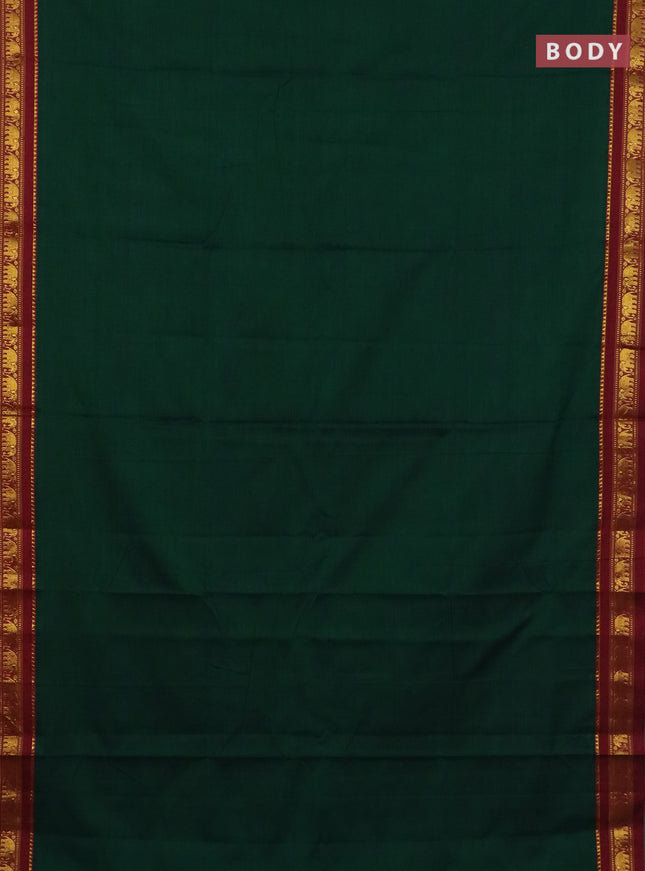 Narayanpet cotton saree bottle green and maroon with plain body and elephant zari woven border