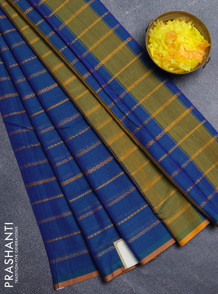 Narayanpet cotton saree peacock blue and mustard yellow with allover thread weaves and piping border