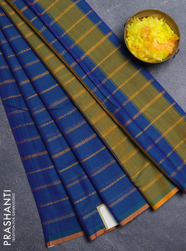 Narayanpet cotton saree peacock blue and mustard yellow with allover thread weaves and piping border