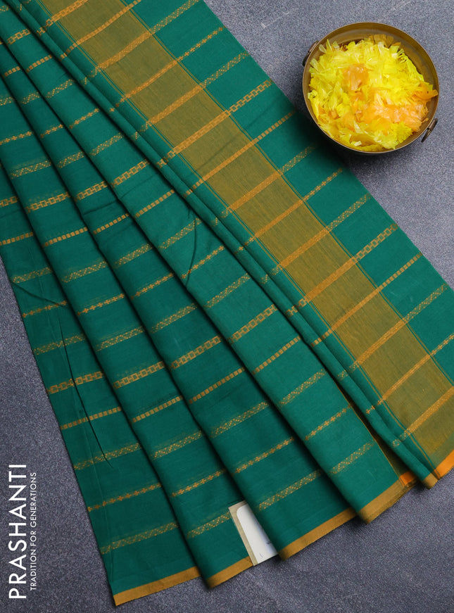 Narayanpet cotton saree green and mustard yellow with allover thread weaves and piping border