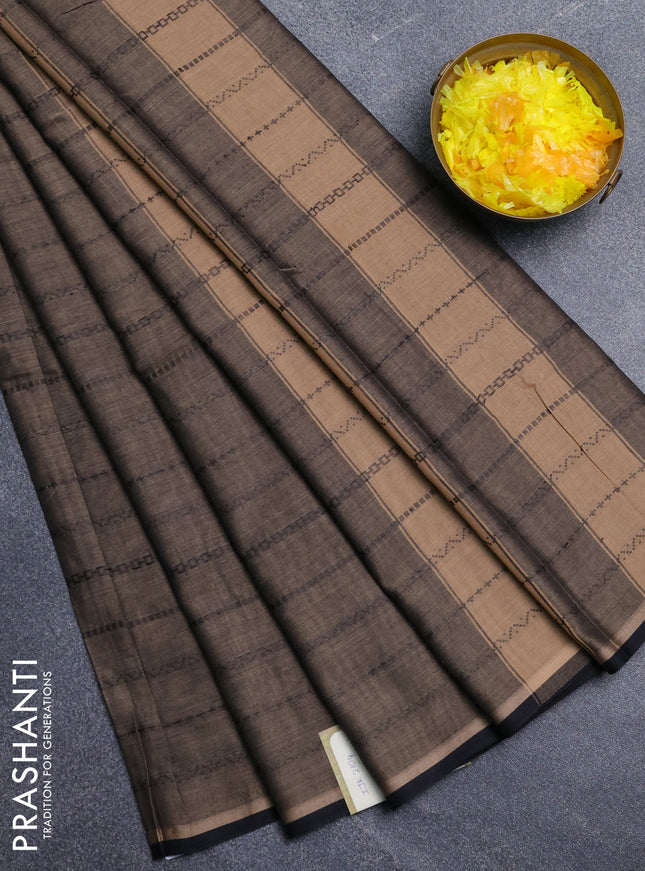 Narayanpet cotton saree chikku shade and black with allover thread weaves and piping border