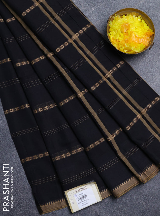 Narayanpet cotton saree black and beige with thread weaves and temple design simple border
