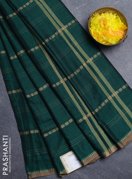 Narayanpet cotton saree bottle green and beige with thread weaves and temple design simple border