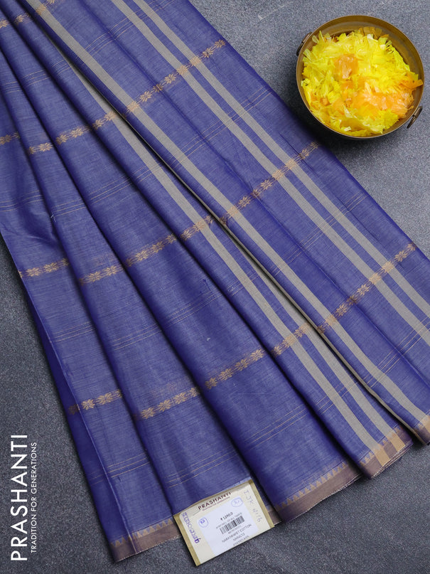 Narayanpet cotton saree blue shade and beige with thread weaves and temple design simple border