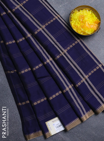 Narayanpet cotton saree navy blue and beige with thread weaves and temple design simple border