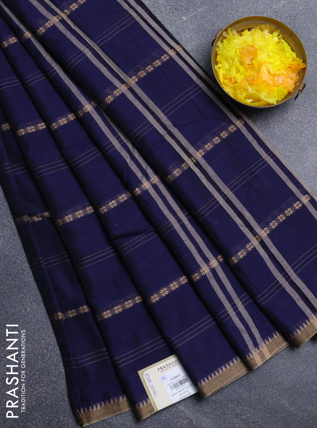 Narayanpet cotton saree navy blue and beige with thread weaves and temple design simple border
