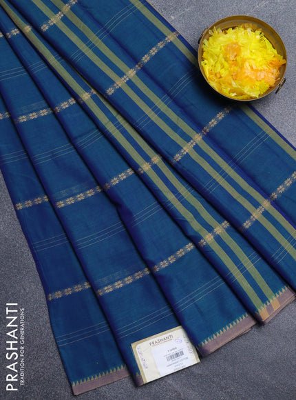 Narayanpet cotton saree dual shade of bluish green and beige with thread weaves and temple design simple border