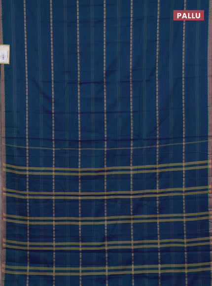 Narayanpet cotton saree dual shade of bluish green and beige with thread weaves and temple design simple border