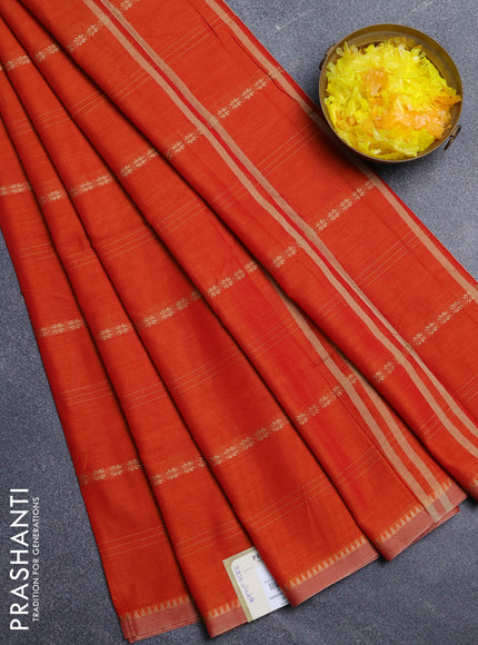 Narayanpet cotton saree sunset orange and beige with thread weaves and temple design simple border