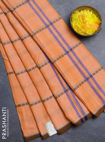 Narayanpet cotton saree orange and dark mustard with thread weaves and temple design simple border