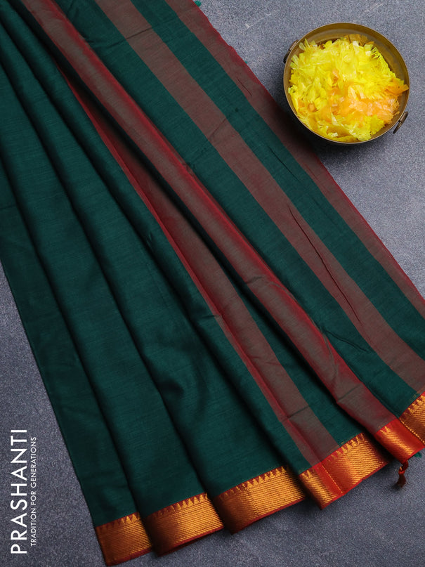 Narayanpet cotton saree bottle green and maroon with plain body and zari woven border