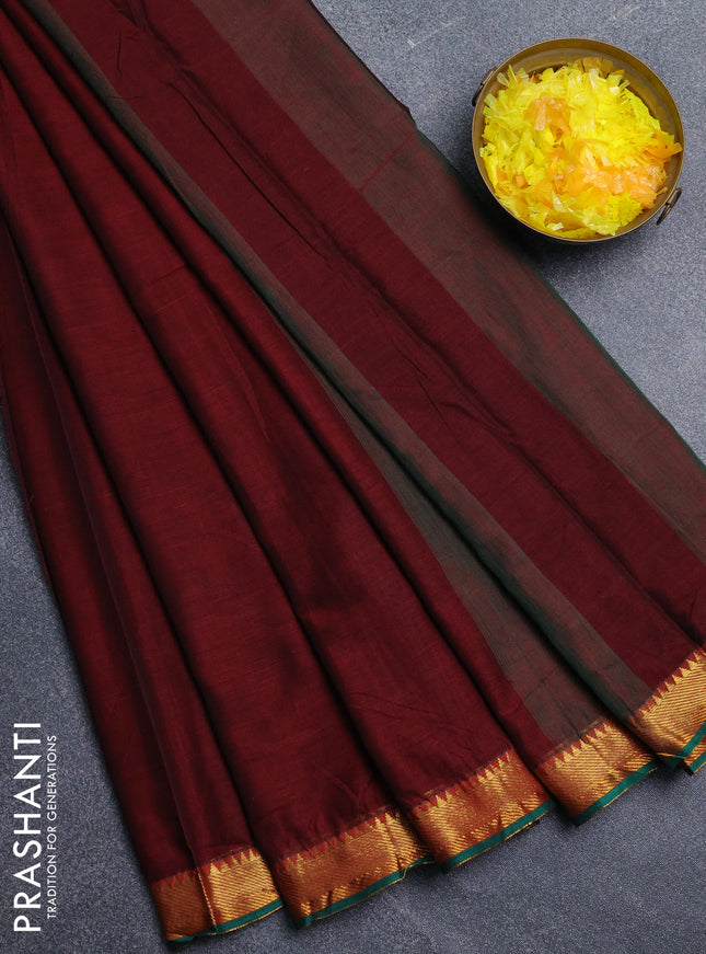 Narayanpet cotton saree maroon and green with plain body and zari woven border