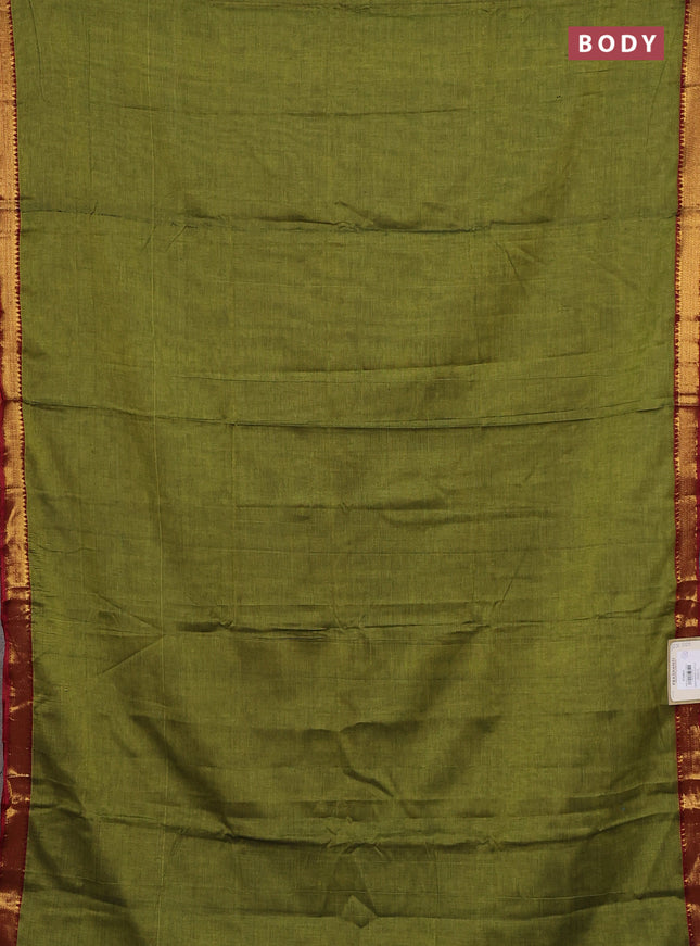 Narayanpet cotton saree light green and maroon with plain body and zari woven border