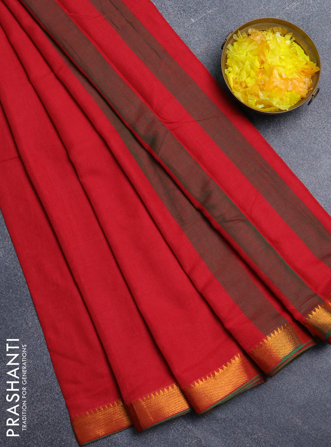 Narayanpet cotton saree red and green with plain body and zari woven border