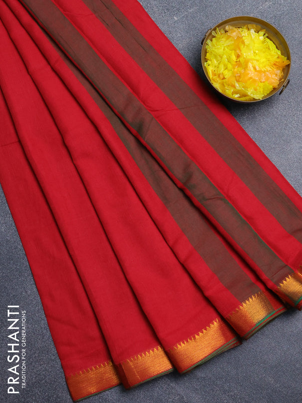 Narayanpet cotton saree red and green with plain body and zari woven border