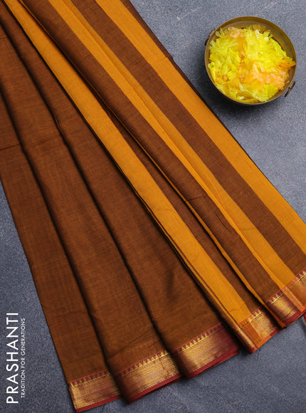 Narayanpet cotton saree dark mustard and maroon with plain body and zari woven border