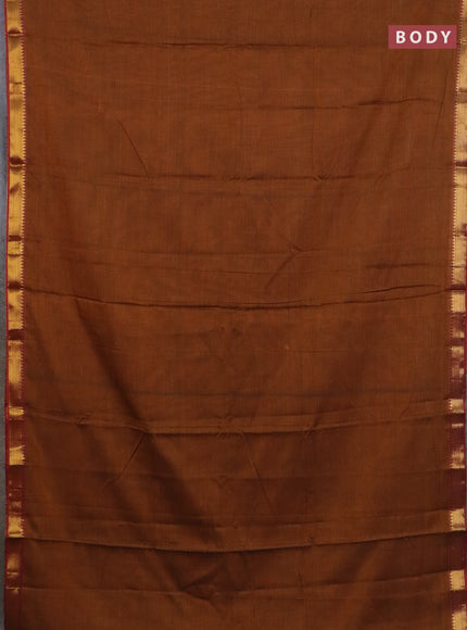 Narayanpet cotton saree dark mustard and maroon with plain body and zari woven border