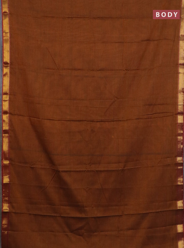Narayanpet cotton saree dark mustard and maroon with plain body and zari woven border