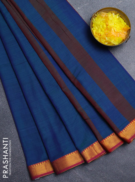 Narayanpet cotton saree dual shade of bluish green and maroon with plain body and zari woven border