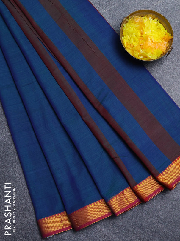 Narayanpet cotton saree dual shade of bluish green and maroon with plain body and zari woven border