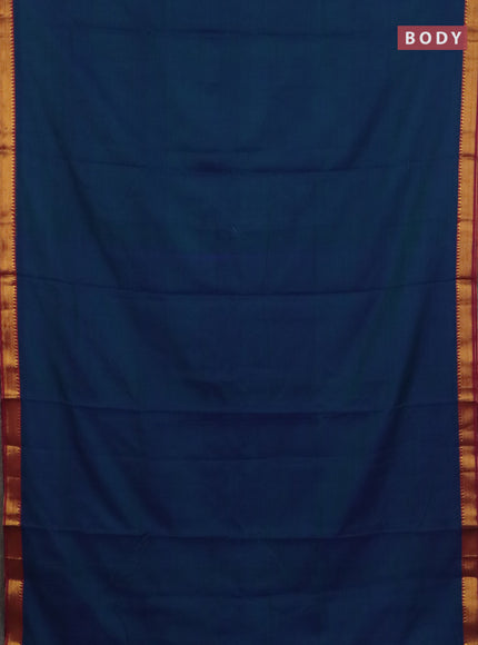 Narayanpet cotton saree dual shade of bluish green and maroon with plain body and zari woven border