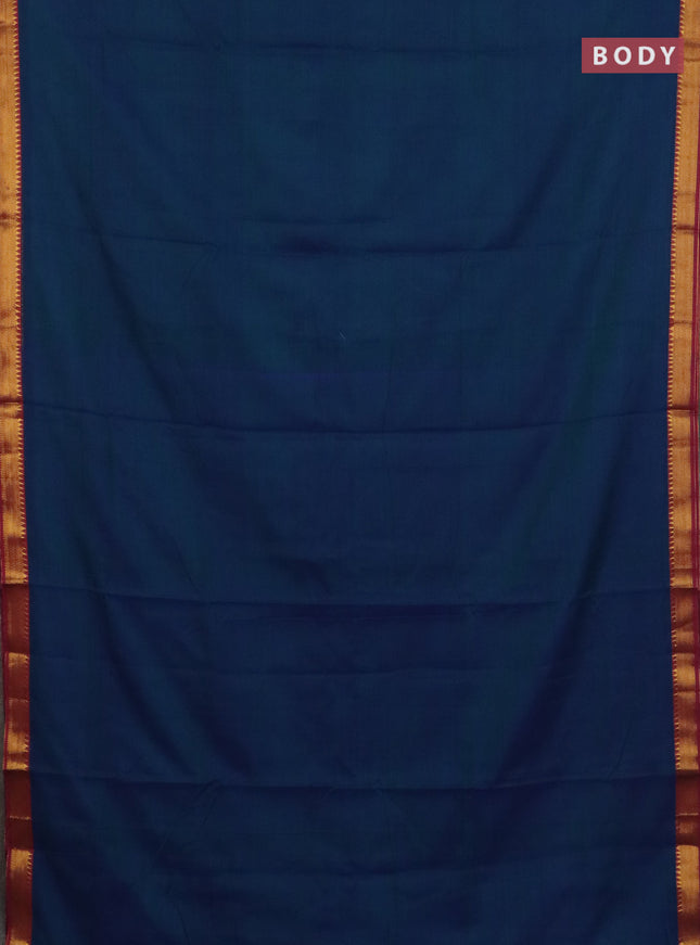 Narayanpet cotton saree dual shade of bluish green and maroon with plain body and zari woven border