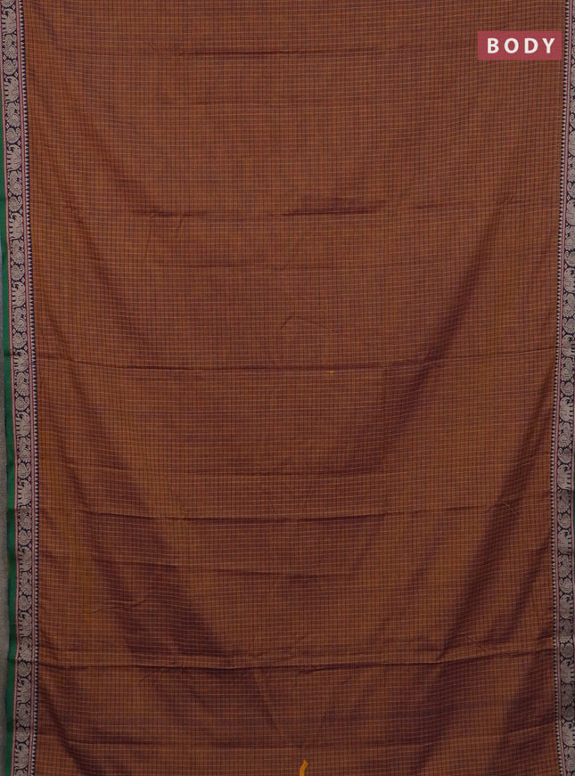 Narayanpet cotton saree dual shade of rust and deep violet green with allover checked apttern and thread woven border