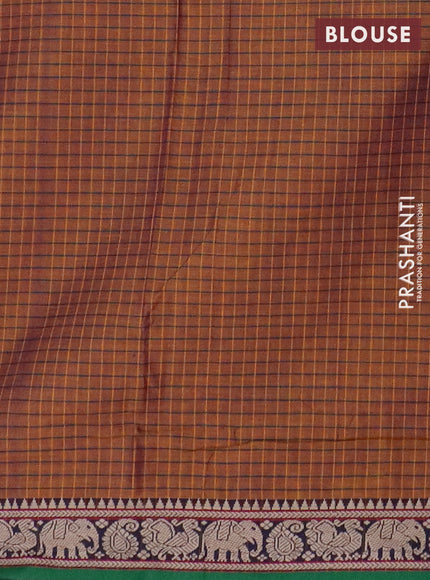 Narayanpet cotton saree dual shade of rust and deep violet green with allover checked apttern and thread woven border