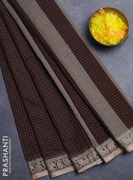 Narayanpet cotton saree coffee brown and sandal with allover checked apttern and thread woven border