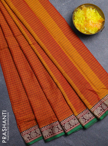 Narayanpet cotton saree sunset oarnge and maroon green with allover checked apttern and thread woven border