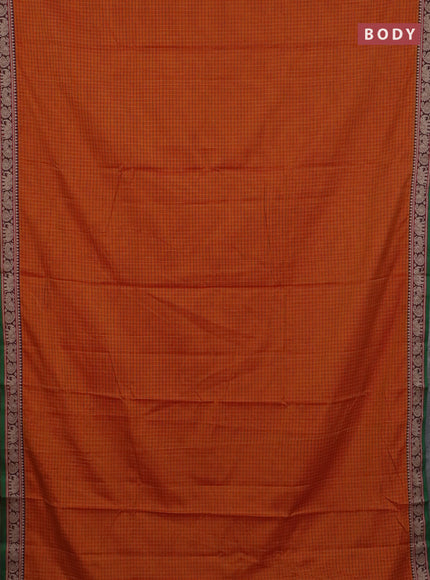 Narayanpet cotton saree sunset oarnge and maroon green with allover checked apttern and thread woven border