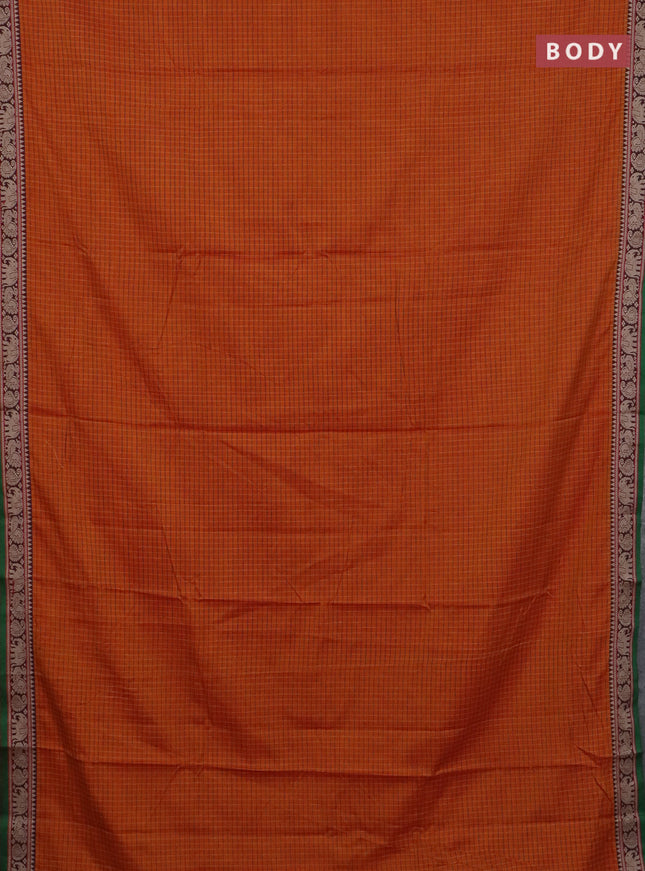 Narayanpet cotton saree sunset oarnge and maroon green with allover checked apttern and thread woven border