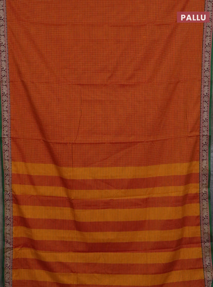 Narayanpet cotton saree sunset oarnge and maroon green with allover checked apttern and thread woven border