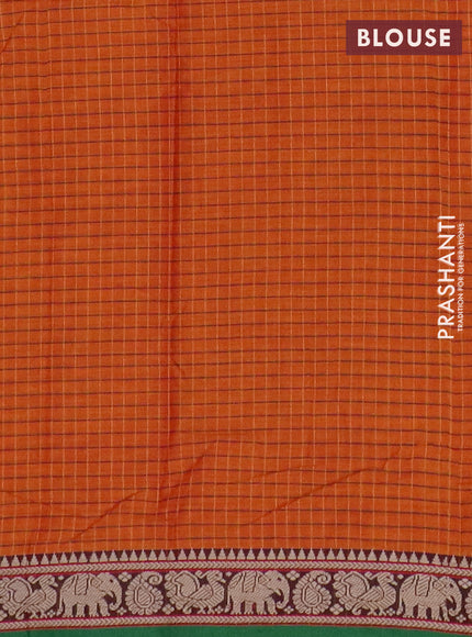 Narayanpet cotton saree sunset oarnge and maroon green with allover checked apttern and thread woven border