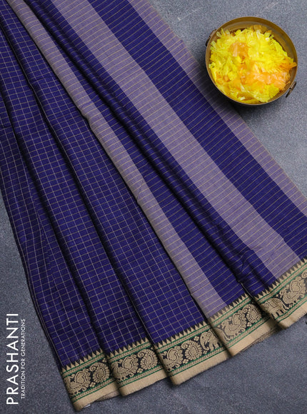 Narayanpet cotton saree blue and Sandal with allover checked apttern and thread woven border