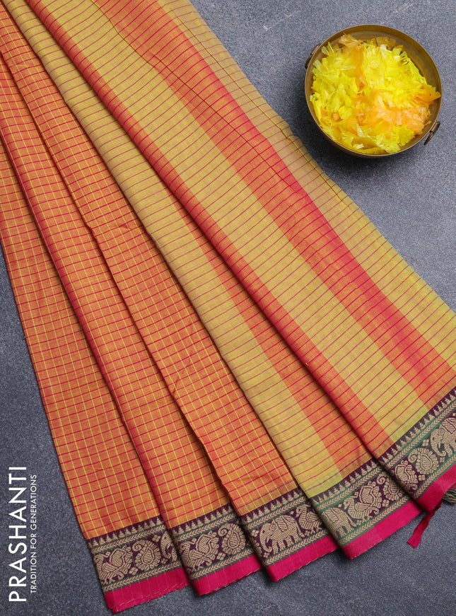 Narayanpet cotton saree dual shade of yellowish pink and pink with allover checked apttern and thread woven border